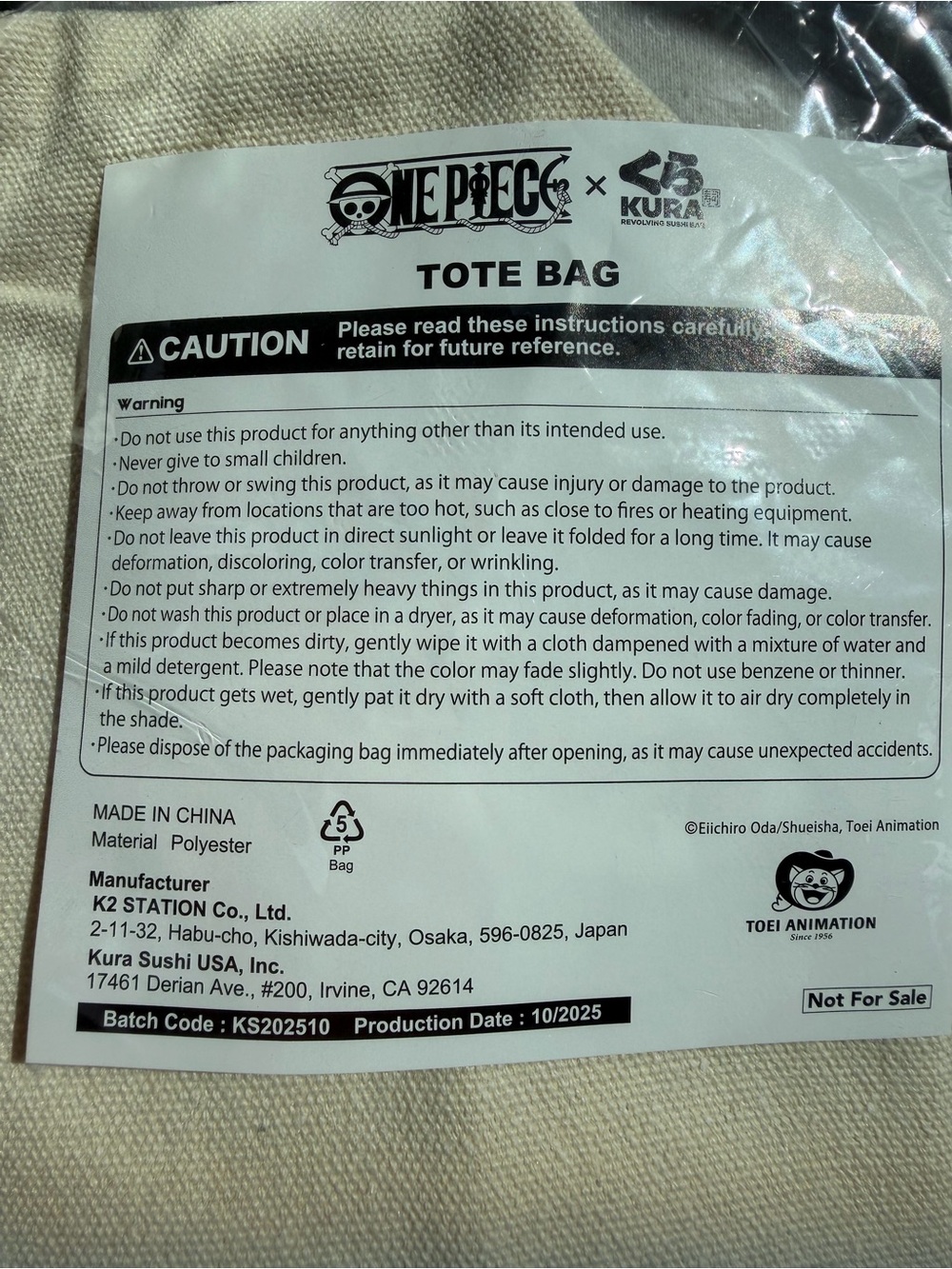 One Piece x Kura Sushi Anime Tote Bag Limited Promo BNWT - Picture 3 of 3